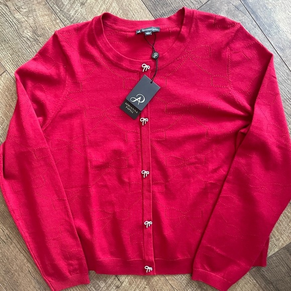 NWT Adrianna Papell Women's Haute Red Crewneck Sweater Rhinestone Bows Large - Picture 1 of 12